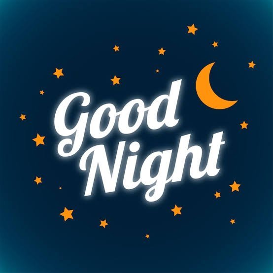 A digital greeting graphic displaying 'Good Night' in white cursive lettering against a dark blue background scattered with orange stars and a crescent moon.