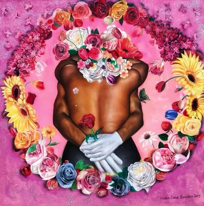 A colorful painting features a muscular, faceless figure holding a single red rose, with its face obscured by a lush bouquet and framed by an oval wreath of pink, yellow, and blue flowers; signed "Moses Rowe Boniface 2025" in the lower right.