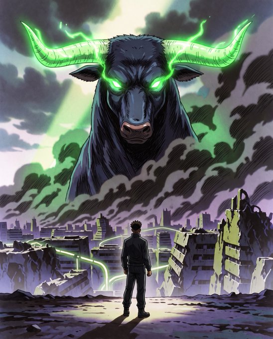 A lone figure stands amid a destroyed cityscape, facing a colossal, shadowy bull with glowing green horns and eyes that loom ominously above the ruins—visually embodying the phrase "Bulls in control" by depicting a powerful bullish force dominating a devastated market landscape.