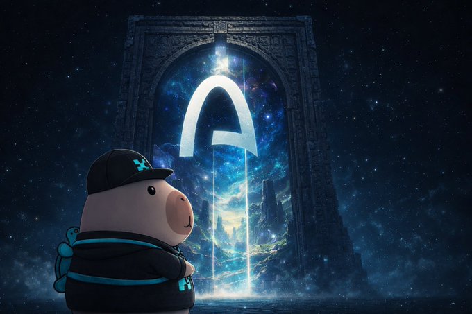 A cute cartoon character wearing a cap stands before a glowing cosmic portal featuring the Arc (⏣) logo, symbolizing a gateway into blockchain technology. The imagery reflects the post's theme of Arc providing companies a clear entry point into crypto, rather than being just another public blockchain.