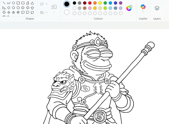 A black-and-white line drawing of a monkey warrior resembling Sun Wukong, holding a staff, displayed in a digital painting app with shape and color toolbars at the top.