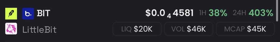 A cryptocurrency tracker showing BIT and LittleBit tokens priced at $0.0₄4581 with LIQ $20K, VOL $46K, and MCAP $45K, posting gains of 38% (1H) and 403% (24H).