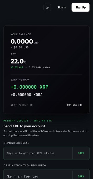 A cryptocurrency dashboard displaying a balance of 0.0000 XRP with 22.0% APY, showing earning rates of 15.0% XRP and 7.0% XORA value, with deposit address fields below.