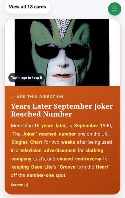 An information card titled "Years Later September Joker Reached Number" features an image of a masked performer and text explaining that more than 16 years later, in September 1990, "The Joker" reached number one on the UK Singles Chart for two weeks after being used in a television advertisement for clothing company Levi's, causing controversy for keeping Deee-Lite's "Groove Is in the Heart" off the number-one spot.