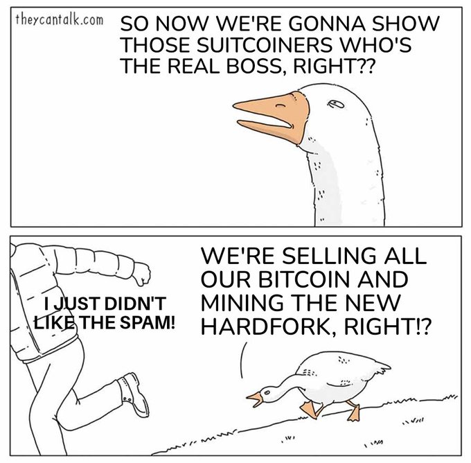 The image is a two-panel meme from theycantalk.com featuring a goose: in the first panel, the goose says "SO NOW WE'RE GONNA SHOW THOSE SUITCOINERS WHO'S THE REAL BOSS, RIGHT??" while in the second panel, a fleeing figure exclaims "I JUST DIDN'T LIKE THE SPAM!" as the goose declares "WE'RE SELLING ALL OUR BITCOIN AND MINING THE NEW HARDFORK, RIGHT!??"

The meme humorously satirizes Bitcoin Cash supporters who threatened to dump Bitcoin and mine a new hardfork to combat spam, only to capitulate when pressed on their BIP110 commitment—relating to the post about testing whether they would follow through on their pledge to address Bitcoin's spam concerns.