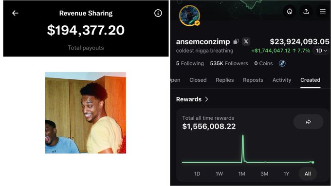 Screenshots showing a Revenue Sharing payout of $194,377.20 alongside an X (Twitter) profile for 'ansemconzimp' displaying a portfolio value of $23,924,093.05 with total rewards of $1,556,008.22.