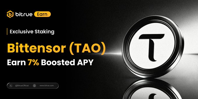 Bitrue Earn advertisement promoting exclusive staking for Bittensor (TAO) with a 7% boosted APY, featuring the Bitrue logo and a stylized TAO token graphic on a black background. The image aligns with the post's call-to-action by highlighting the 7% APY yield opportunity for TAO holders.