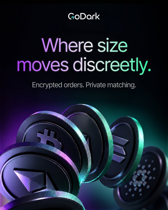 An advertisement for 'GoDark' featuring the text 'Where size moves discreetly.' and 'Encrypted orders. Private matching.', with 3D renderings of cryptocurrency coins at the bottom.