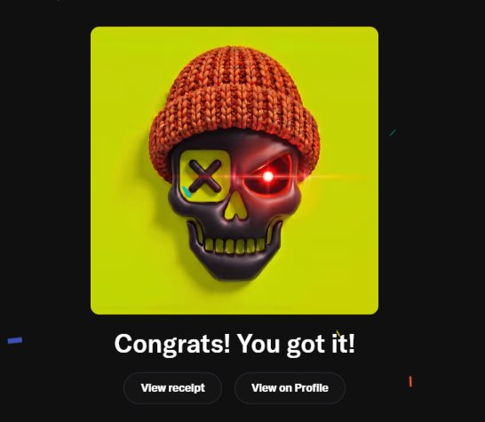 A 3D rendering of a purple skull wearing an orange beanie with a red glowing laser eye on a yellow-green background, with the text 'Congrats! You got it!' and buttons for 'View receipt' and 'View on Profile'.