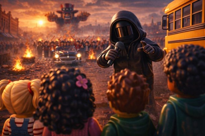 A masked, hooded figure holds a microphone addressing a group of children with their backs to the viewer, set against a dystopian backdrop of a burning city, a vintage car, a school bus, and a giant floating character wearing a top hat—evoking a chaotic "Willy Wonka-esque" event tied to the announcement of a free mint NFT project on Ethereum, with the Discord link (discord.gg/3hnnQjs5Fa) serving as the gateway for early supporters to claim their spot.