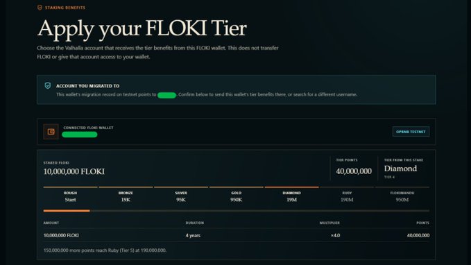 The image displays a Floki staking benefits page titled "Apply your FLOKI Tier," showing 10,000,000 FLOKI staked for 4 years with a multiplier of x4.0, earning 40,000,000 tier points and achieving the "Diamond" tier (reached at 190M points), directly showcasing the new Floki Tier feature mentioned in the Valhalla testnet update announcement.