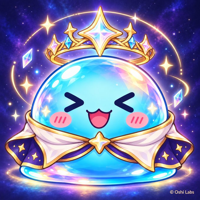 A cute, cartoon-style blue slime character wearing a golden crown and a starry cape, marked with ©Oshi Labs.