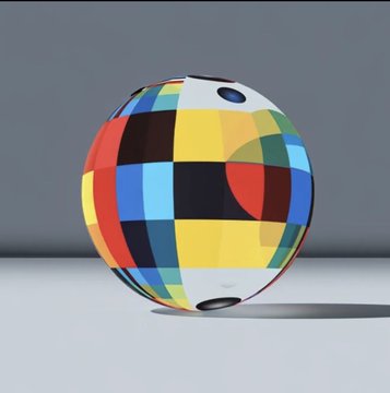 A colorful 3D rendered sphere with a checkered pattern of red, yellow, blue, black, white, and green squares sitting on a gray surface.