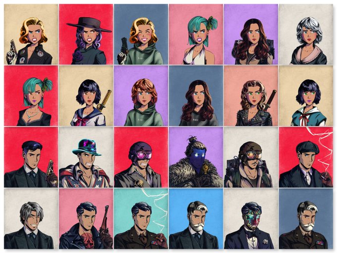 The image features a grid of 16 square illustrations depicting various characters from different comic book series or pop culture icons. The characters are arranged in four rows, with each row containing four illustrations. The art style varies across the images, showcasing diverse artistic expressions. The post encourages people to consider buying NFTS if they find them useful and appealing, as well as appreciate the artistry behind these illustrations.