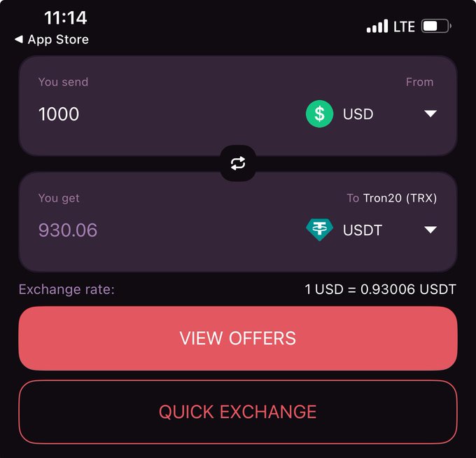 A mobile exchange app screen showing a swap of 1000 USD for 930.06 USDT at a rate of 1 USD = 0.93006 USDT, with "VIEW OFFERS" and "QUICK EXCHANGE" buttons—visually echoing the post's point about overlooking the final amount received before swapping.
