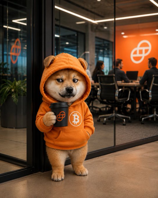 An AI-generated image of a Shiba Inu dog wearing an orange hoodie with bear ears, holding a coffee cup with Bitcoin logos, standing in front of an office with cryptocurrency logos.