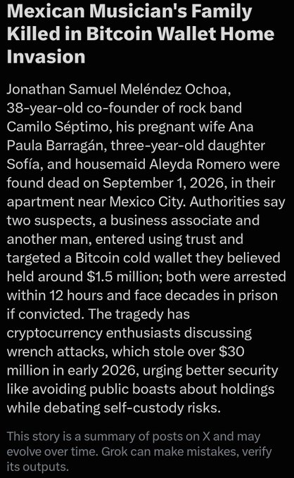 A news article titled 'Mexican Musician's Family Killed in Bitcoin Wallet Home Invasion' describing the deaths of Jonathan Samuel Meléndez Ochoa's family, with attackers targeting a Bitcoin cold wallet believed to hold around $1.5 million.