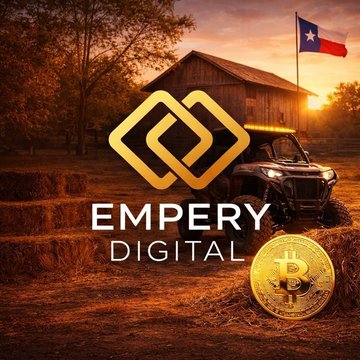 The image shows the Empery Digital company logo featuring a stylized gold emblem above the text "EMPERY DIGITAL," set against a backdrop of a Texas-themed scene with a barn, off-road vehicle, and Texas flag, alongside a prominent gold Bitcoin coin. It visually reinforces the post's announcement about Empery Digital ($EMPD) selling 235 Bitcoin to repay $10 million of debt, leaving them with 1,279 BTC holdings ranked #39 on the Bitcoin 100.