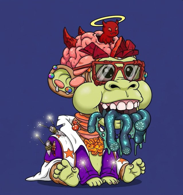 Cartoon illustration of a green monkey wearing sunglasses, a purple robe, with an exposed brain featuring a small red devil on top, sitting cross-legged with blue tentacles emerging from its mouth against a dark blue background.