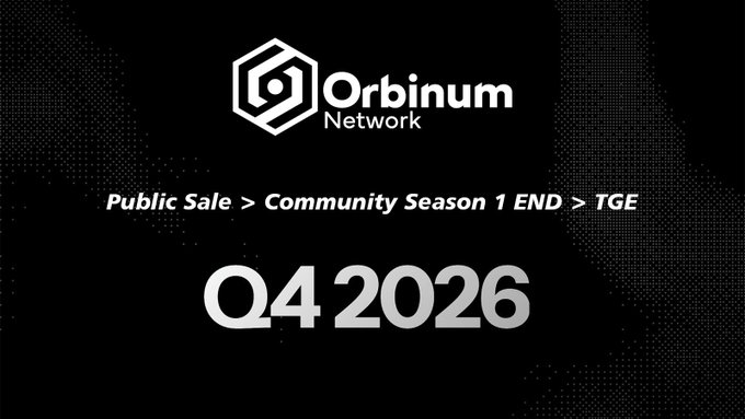 A black promotional graphic for Orbinum Network announcing their Public Sale > Community Season 1 END > TGE for Q4 2026.