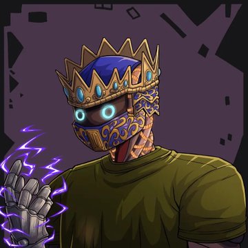 A digital artwork of a character wearing a golden, crown-like helmet with glowing blue eyes, generating purple electricity in their hand.