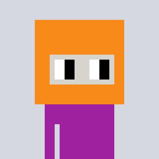 A minimalist pixel art character featuring an orange square head with rectangular eyes and a purple body.