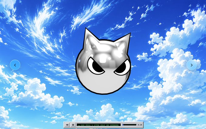 A silver cat-like character with an angry expression floats against a backdrop of a blue sky with white clouds, with a Windows Media Player-style playback bar at the bottom.