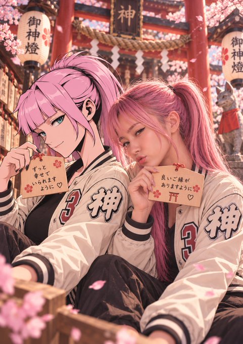An anime-style illustration of two pink-haired characters sitting at a Japanese shrine surrounded by cherry blossoms, holding wooden ema prayer plaques with Japanese text.