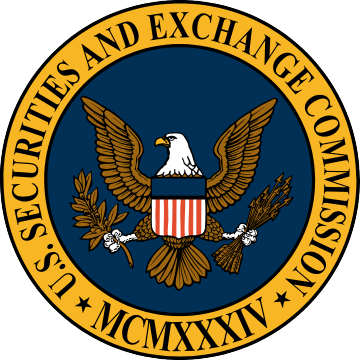The official seal of the U.S. Securities and Exchange Commission (SEC), featuring a bald eagle holding arrows and an olive branch, dated MCMXXXIV.