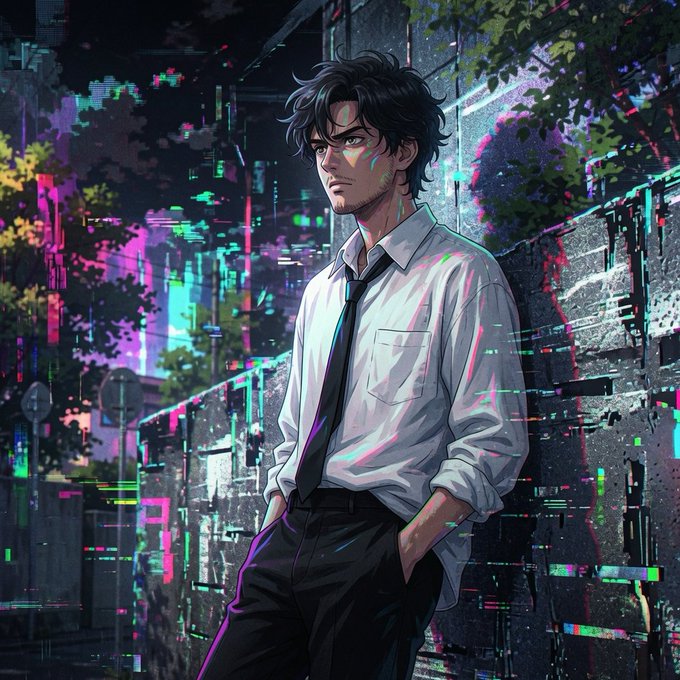 Anime-style illustration of a dark-haired man in a white shirt and black tie leaning against a wall in a cyberpunk city setting with neon colors and glitch effects.