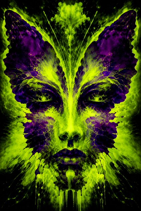 A vibrant, symmetrical butterfly-woman face merges in neon green and deep purple splatters, blending human features with delicate butterfly wings to create an otherworldly, mystical portrait. The piece fits Toshi's "Green QT" challenge by showcasing bold green hues and artistic energy, embodying the spirit of expressive, eco-toned digital art.