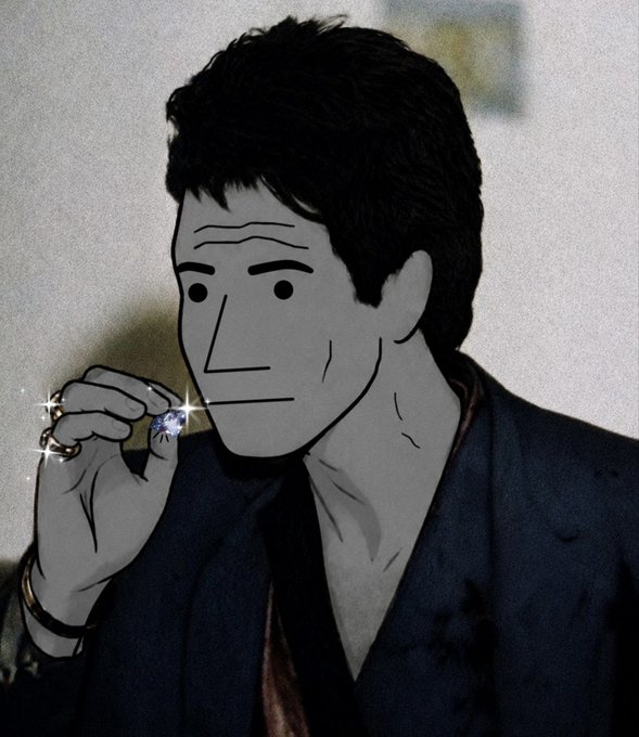 A grayscale animated-style illustration of a man with dark hair, prominent facial lines, and a dark robe, holding a hand up that sparkles near his mouth.