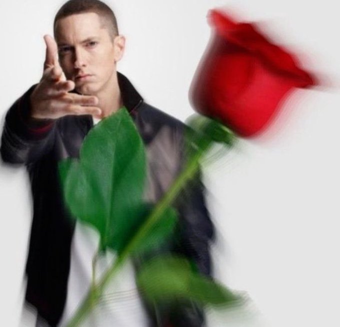 A promotional photo of rapper Eminem reaching his hand toward the camera, with a red rose prominently featured in the blurred foreground.