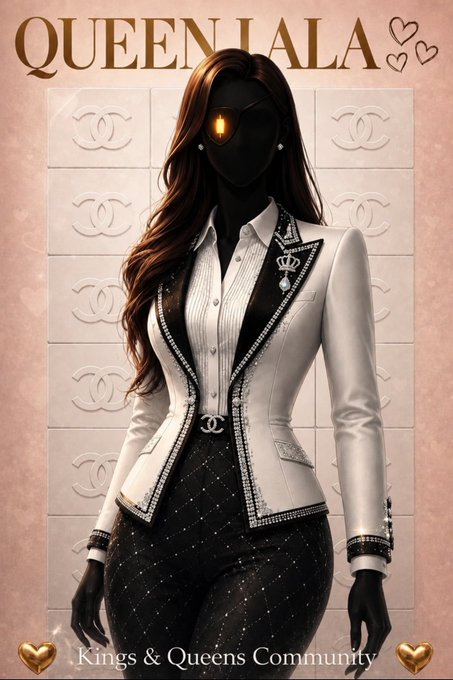 The image features a woman dressed in a white blazer, black pants, and a gold brooch with a heart design. The background of the image is pink, which complements the overall color scheme of the outfit. The caption for the image reads "QueenenLala" and "King & Queens Community".