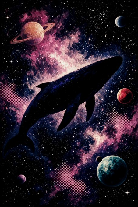 A digital artwork depicting a large silhouette of a whale swimming through a starry cosmic scene filled with pink nebulae and several planets.