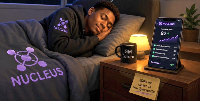An advertisement showing a man sleeping in bed wearing 'NUCLEUS' branded sleepwear, with a phone on the nightstand displaying a 'Reputation Score' of 92 and a coffee mug labeled 'GM Future'.