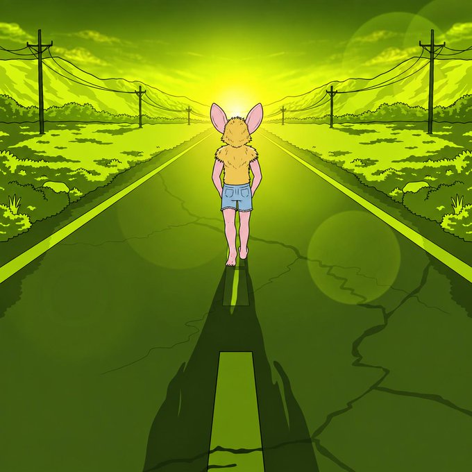 An anthropomorphic character with large rabbit-like ears stands barefoot on a cracked, sun-drenched road stretching toward a glowing horizon. The image visually echoes the caption's theme of self-discovery, as the figure faces the bright light ahead, casting a long shadow backward down the open path—symbolizing both the journey ahead and the truth illuminated by moving forward.