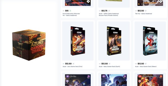 An online store displaying various trading card game products, including Azuki Guardian Cards, Zero Starter Decks, and booster packs priced at $12.50 and $12.75.