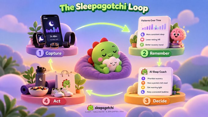 A colorful promotional graphic titled 'The Sleepagotchi Loop' showing a four-step cycle: Capture, Remember, Decide, and Act, featuring a green dinosaur character.
