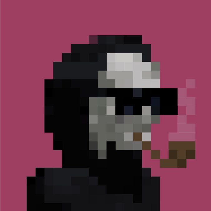 A pixel art style illustration of a skeleton wearing a black hood and smoking a brown pipe, set against a maroon background.