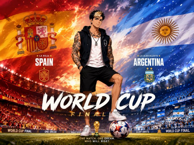 Digital poster for a World Cup Final between Spain ('La Roja') and Argentina ('La Albiceleste'), featuring an anime-style tattooed character standing between their national crests with the tagline 'ONE MATCH. ONE DREAM. WHO WILL RISE?'