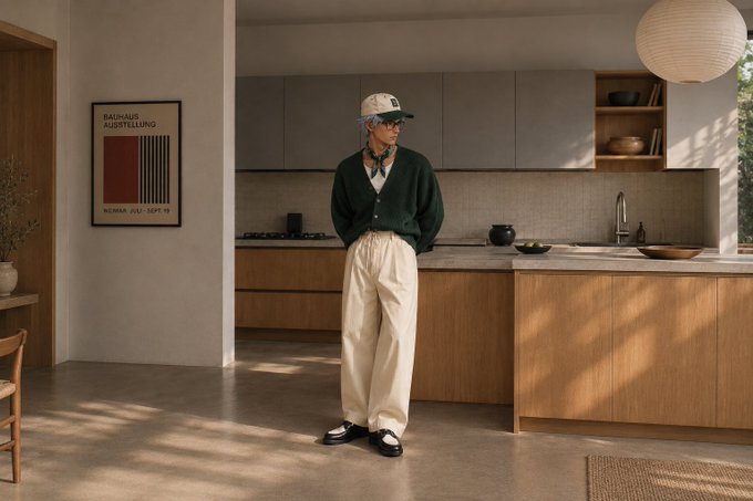 a man wearing a green cardigan, cream trousers, and a cap stands in a modern wood-paneled kitchen next to a poster reading 'BAUHAUS AUSSTELLUNG WEIMAR JULI- SEPT 23'.