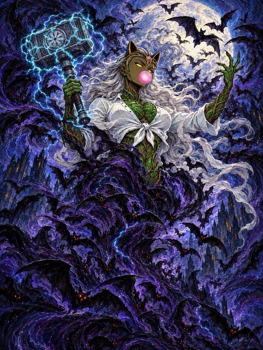 A fantasy illustration depicts a green-skinned cat-eared figure with a bubble gum bubble, holding a glowing hammer, surrounded by dark clouds, bats, and a moon.