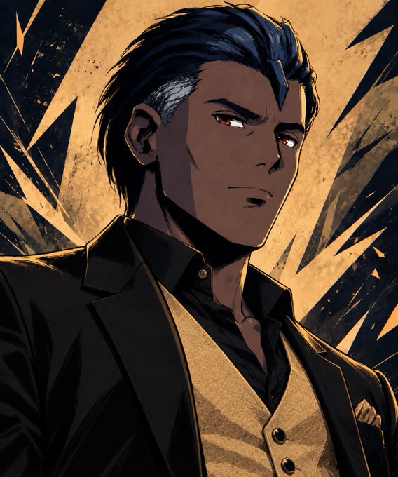 An animated/illustrated portrait of a man with dark hair and a streak of white, wearing a black suit jacket over a vest and dark shirt, against a stylized orange and black background.
