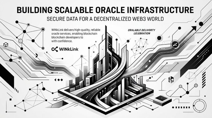 A black-and-white graphic titled 'BUILDING SCALABLE ORACLE INFRASTRUCTURE' for 'WinLink', describing it as delivering 'high-quality, reliable oracle services, enabling blockchain developers' with 'ORALABLE DELIVERY LLIBRATION'.