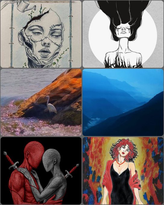 A collage of six artistic images including surreal face illustrations, a bird on a rocky shore, mountain landscapes, and stylized figures with swords and flowing hair.