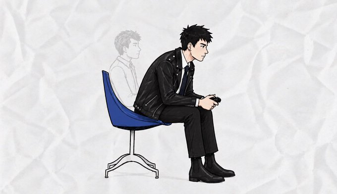 An anime-style drawing depicts a man in a black suit sitting on a blue chair playing a handheld console, with a faded ghostly outline of himself behind him against a crumpled paper background.