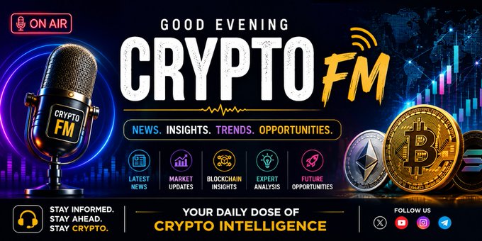 A vibrant podcast banner for 'CRYPTO FM' with 'GOOD EVENING' greeting, a microphone, cryptocurrencies like Bitcoin and Ethereum, and icons for Latest News, Market Updates, Blockchain Insights, Expert Analysis, and Future Opportunities.