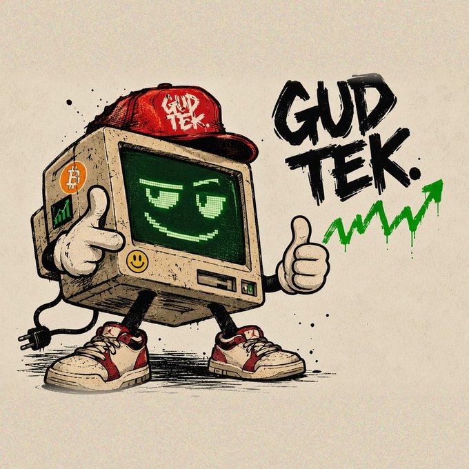 A cartoon illustration of a retro computer character with a smiling pixel face, wearing a red 'GUD TEK' cap and sneakers, giving a thumbs up next to 'GUD TEK.' text and a green upward trend line.