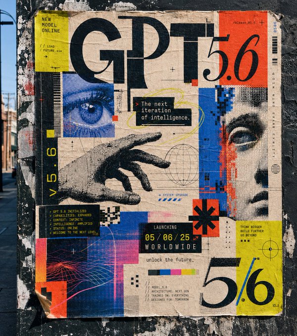 A weathered street poster advertises "GPT 5.6" with text like "The next iteration of intelligence," a "Launching 05/06/25" date, and phrases including "unlock the future" and "next gen AI trained on everything designed for tomorrow," blending retro glitch-art aesthetics with bold typography. The AI-tech-launch imagery loosely echoes the post's "bring back ERC-721" sentiment by evoking nostalgia for older, rawer tech eras against polished modern branding.